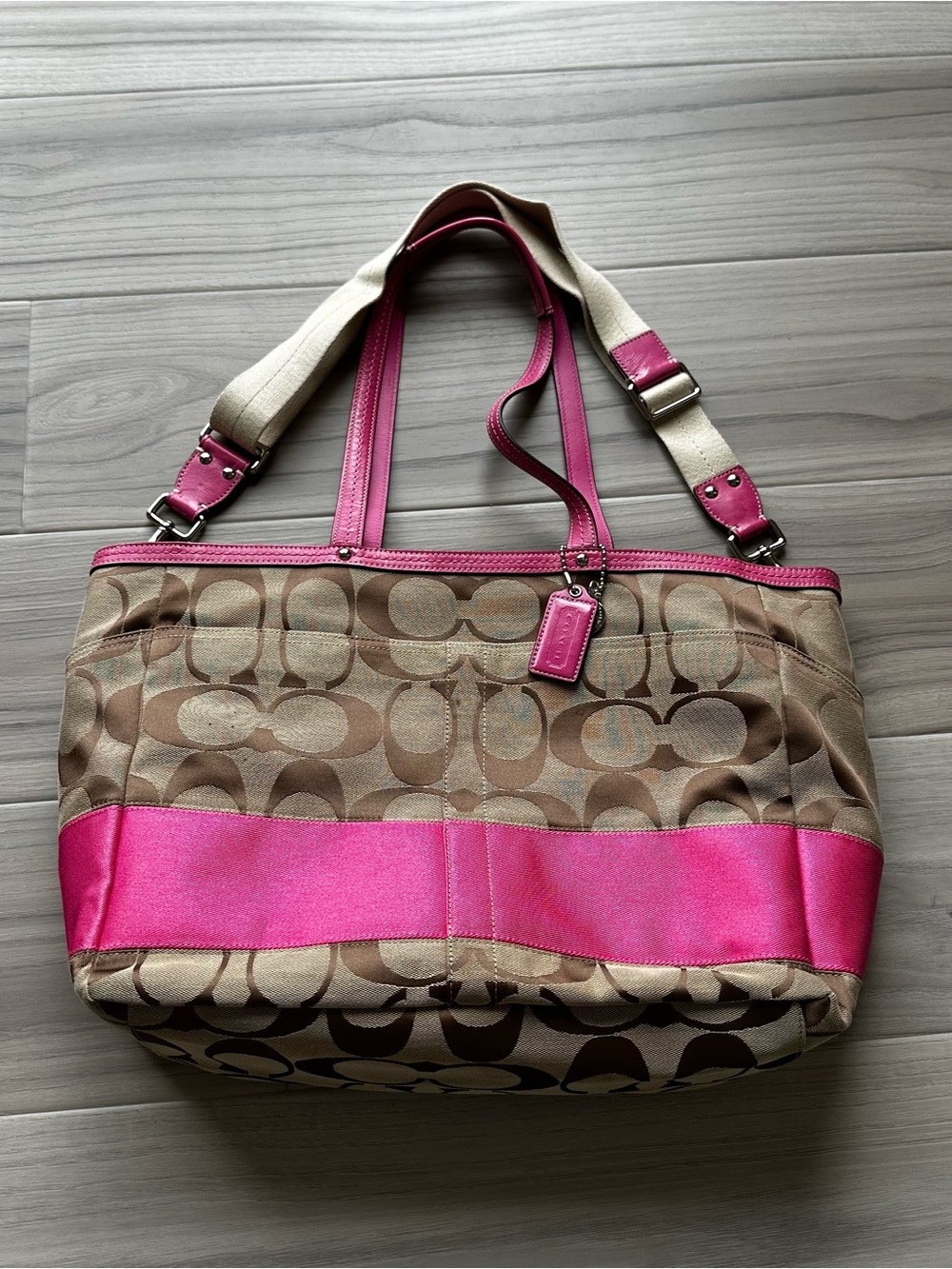 Pink Coach Signature stripe 2way Tote Bag F13803 Canvas Tote Diaper Bag F13803